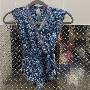 Poupette St Barth Short Jumpsuit in blue/ peach organic, Size 6T